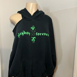 Black Hoodie With Green Graphic, Distressed, Playboy Hoodie, Size Small
